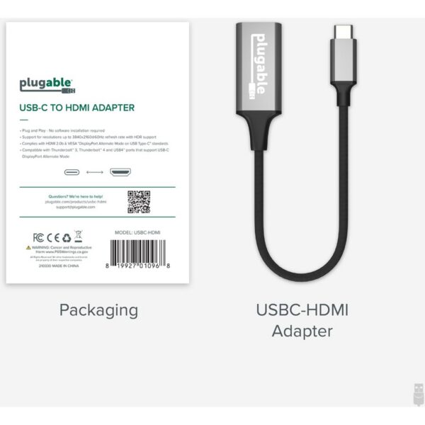 Plugable USB C to HDMI adapter, HDMI 2.0, USB4 / Thunderbolt Adapter for 4K Monitor up to 4K 60Hz